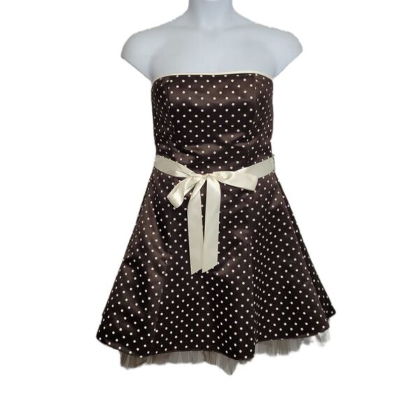 Y2K GUNNE SAX dress brown with cream polka dot strapless fit and‎ flare formal M - Picture 1 of 15